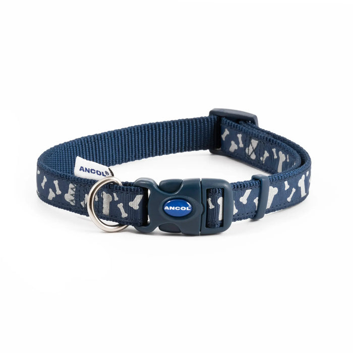 Ancol Paw and Bone Adjustable Reflective Blue Dog Collar - Various Sizes - Chestnut Mill