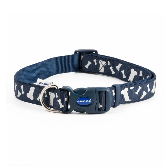 Ancol Paw and Bone Adjustable Reflective Blue Dog Collar - Various Sizes - Chestnut Mill