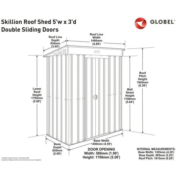 Global 5x3 Heritage Green Metal Pent Shed - Chestnut Mill