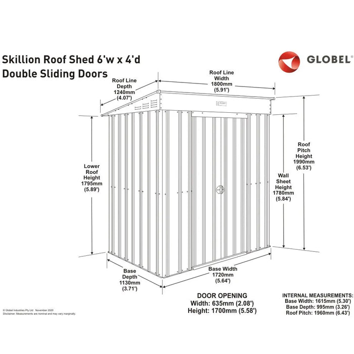 Global 6x3 Heritage Green Metal Pent Shed - Chestnut Mill