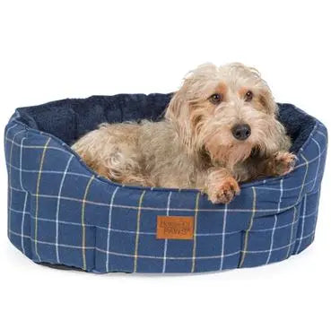 House of Paws Navy Check Tweed Oval Snuggle - Various Sizes - Chestnut Mill