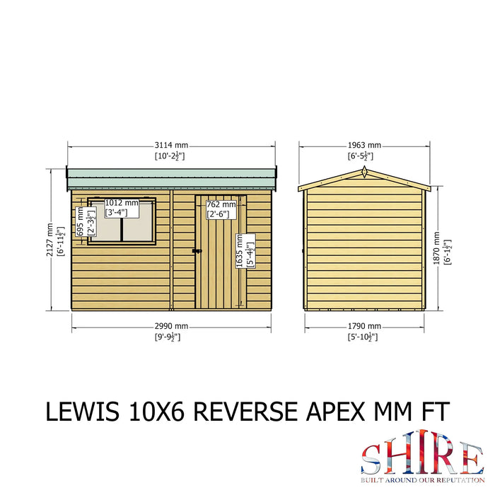 Lewis 10'x6' Single Door Shed Reverse Apex Style C - Chestnut Mill