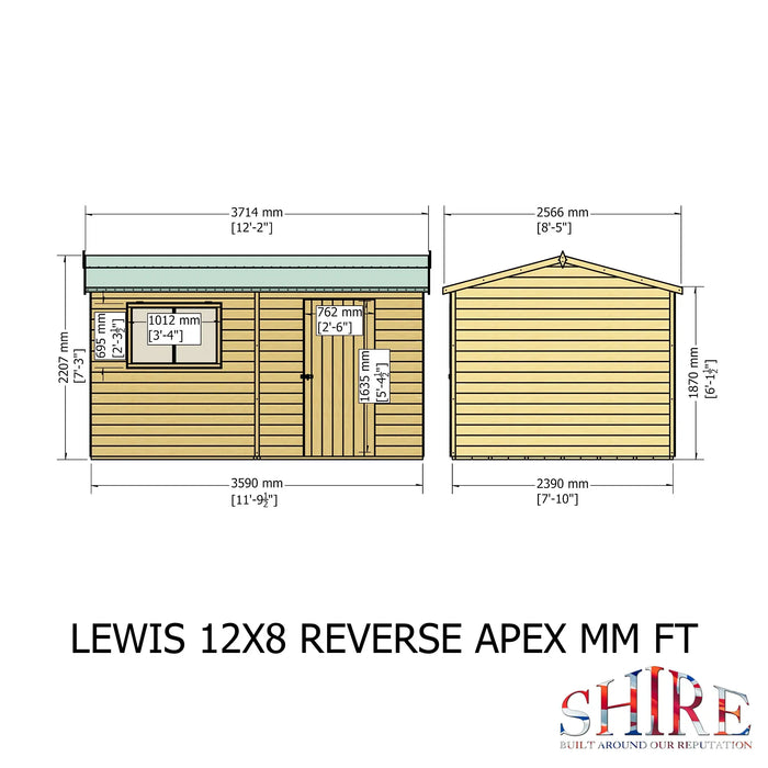 Lewis 12'x8' Single Door Shed Reverse Apex Style C - Chestnut Mill