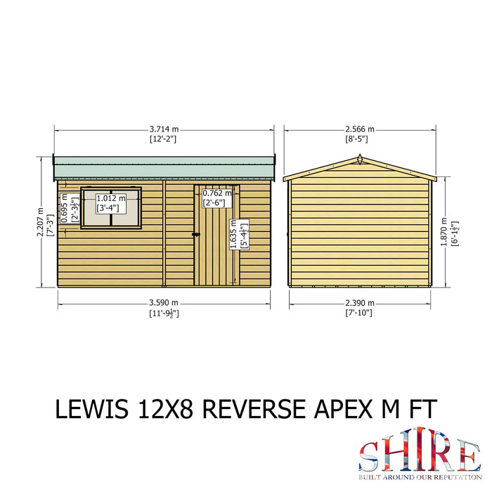 Lewis 12'x8' Single Door Shed Reverse Apex Style D - Chestnut Mill