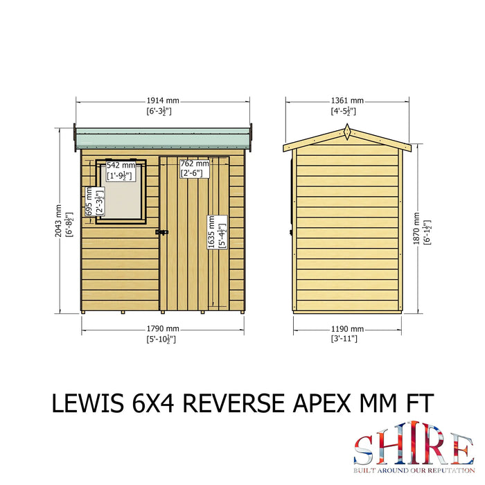 Lewis 6'x4' Single Door Shed Reverse Apex Style C - Chestnut Mill