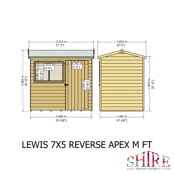 Lewis 7'x5' Single Door Shed Reverse Apex Style D - Chestnut Mill