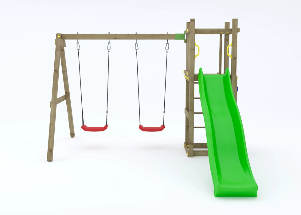 Rumble Ridge Rock Wall Climbing Frame with Double Swing and Slide - Chestnut Mill