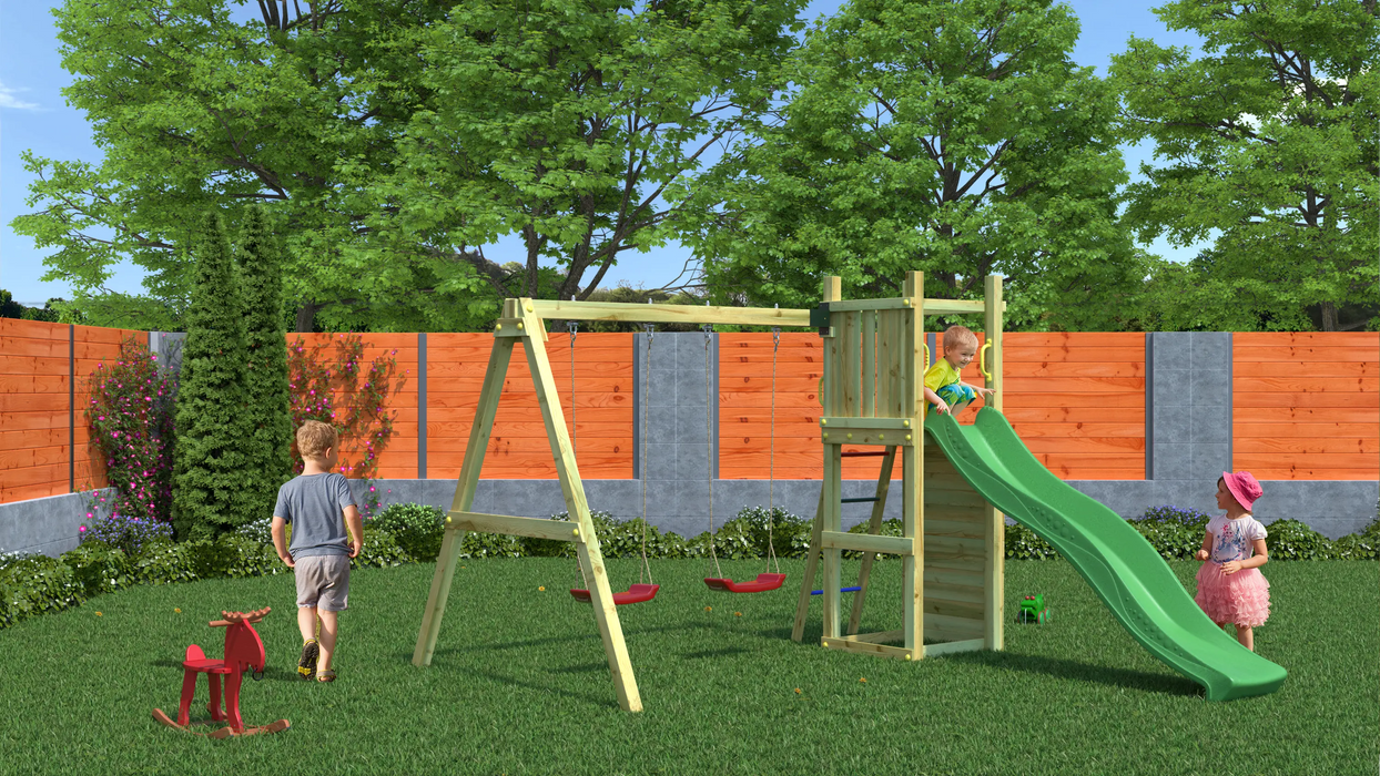 Rumble Ridge Rock Wall Climbing Frame with Double Swing and Slide - Chestnut Mill