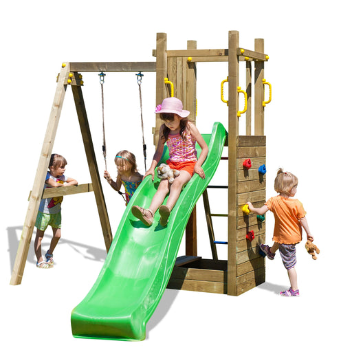 Rumble Ridge Rock Wall Climbing Frame with Single Swing and Slide - Chestnut Mill