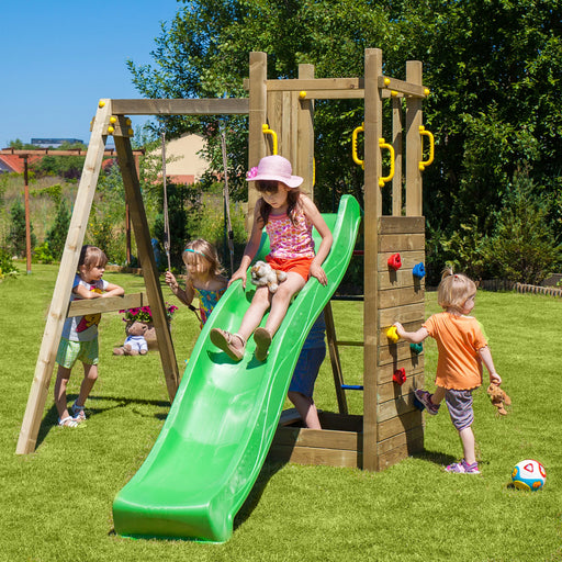 Rumble Ridge Rock Wall Climbing Frame with Single Swing and Slide - Chestnut Mill