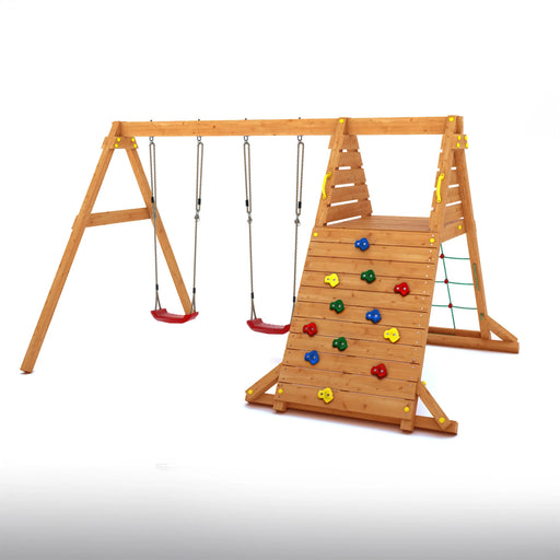 Spider King Teak painted Swing Set with Climbing Wall - Chestnut Mill