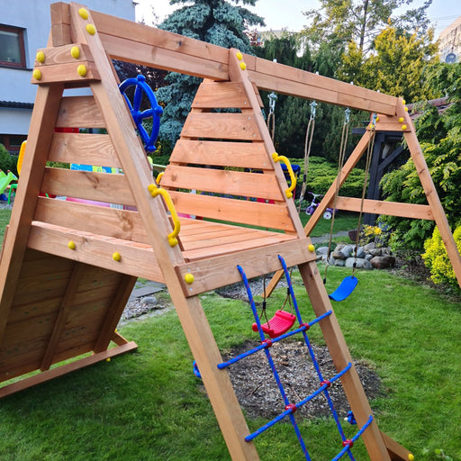 Spider King Teak painted Swing Set with Climbing Wall - Chestnut Mill